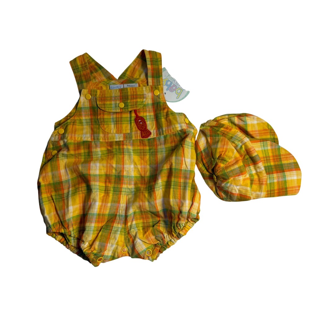 New Vintage 90s Simply Basic Plaid Fish Bubble Romper Hat Set Boys 0-3 months